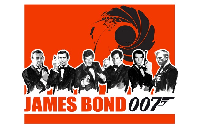 I 5 attori che hanno interpretato James Bond dal 1962 ad oggi: Connery, Lazenbay, Moore, Dalton, Brosnan, David.